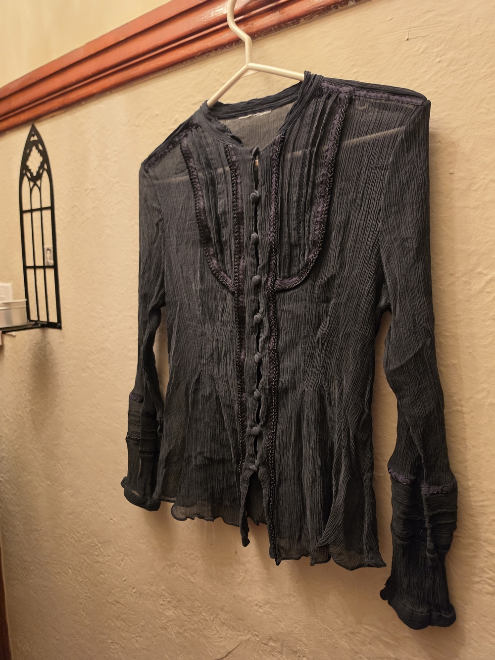 Sheer Crinkle Embroidered Goth Boho Blouse Black S - Picture 7 of 8